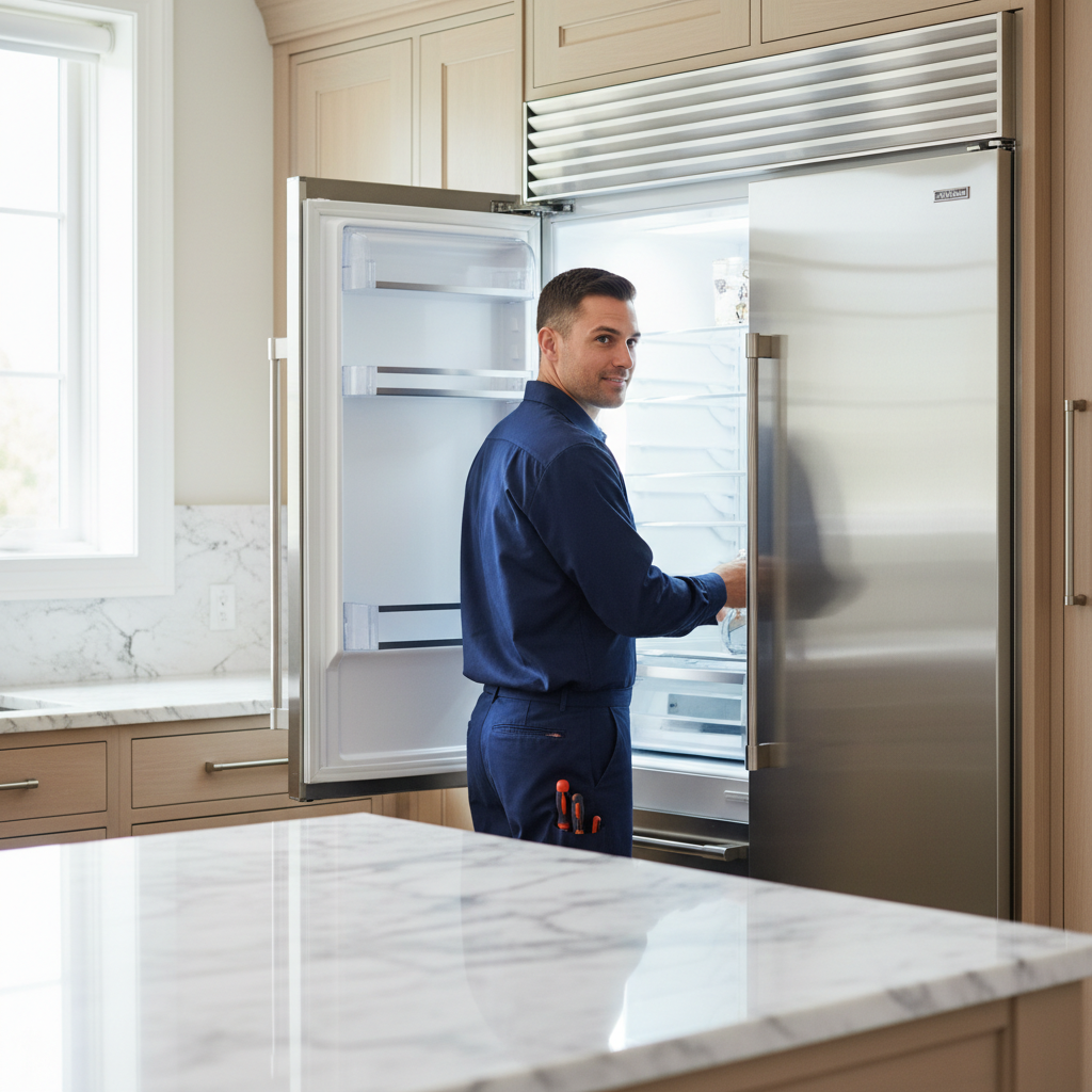 Professional appliance repair technician inspecting a refrigerator