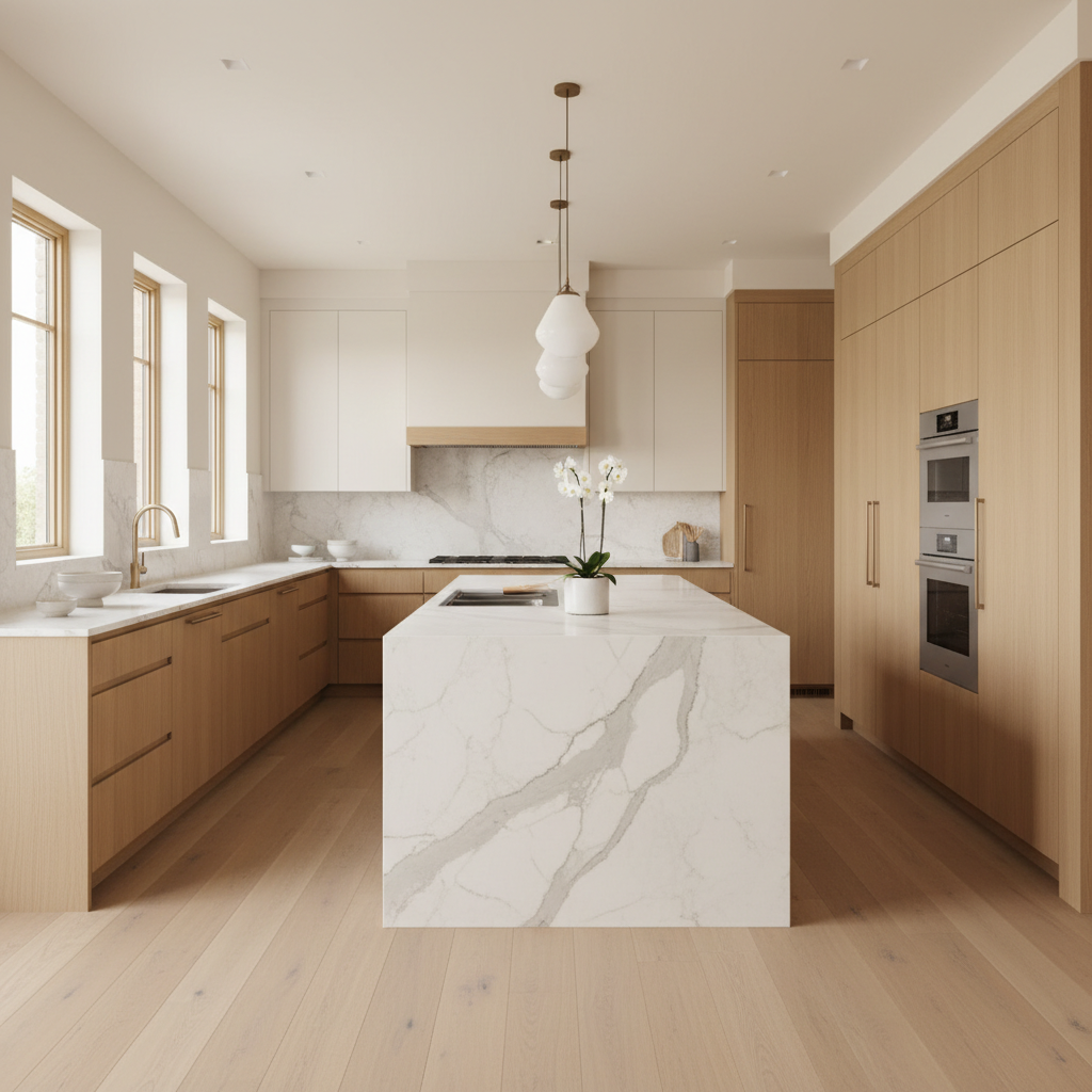 Upscale kitchen with integrated refrigerator and wall oven